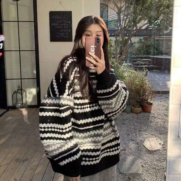 striped turtleneck sweater for women in spring autumn and winter loose outerwear languid wind jacket, White;black
striped turtleneck sweater for women in spring autumn and winter loose outerwear languid wind jacket, White;black