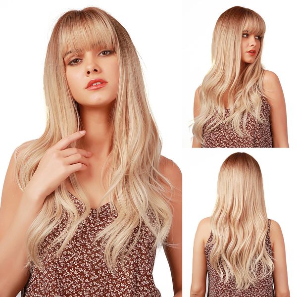 18 inches platinum blonde wig with dark roots long wavy with bangs synthetic ombre wigs heat resistant hair wig for daily wear, Black
18 inches platinum blonde wig with dark roots long wavy with bangs synthetic ombre wigs heat resistant hair wig for daily wear, Black