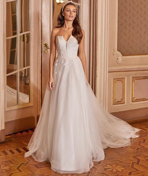 elegant long tulle sweetheart wedding dresses a-line sleeveless ivory sweep train bridal gown lace up back vestido de novia women dresses, White
elegant long tulle sweetheart wedding dresses a-line sleeveless ivory sweep train bridal gown lace up back vestido de novia women dresses, White