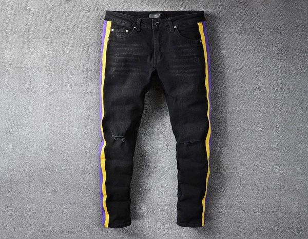 black slim ripped fashion brand jeans pants casual hip dance four season streetwear yellow purple striped men men039s7535182, Blue
black slim ripped fashion brand jeans pants casual hip dance four season streetwear yellow purple striped men men039s7535182, Blue