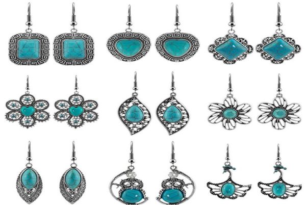 

bohemian vintage charm turquoise heart designer earring for woman party jewelry silver plated rhinestone flowers owl feather penda2307301, Golden