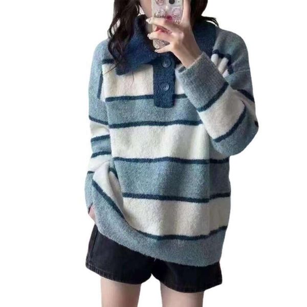 american retro avocado soft striped turtleneck sweater for women lazy wind gentle top, White;black
american retro avocado soft striped turtleneck sweater for women lazy wind gentle top, White;black