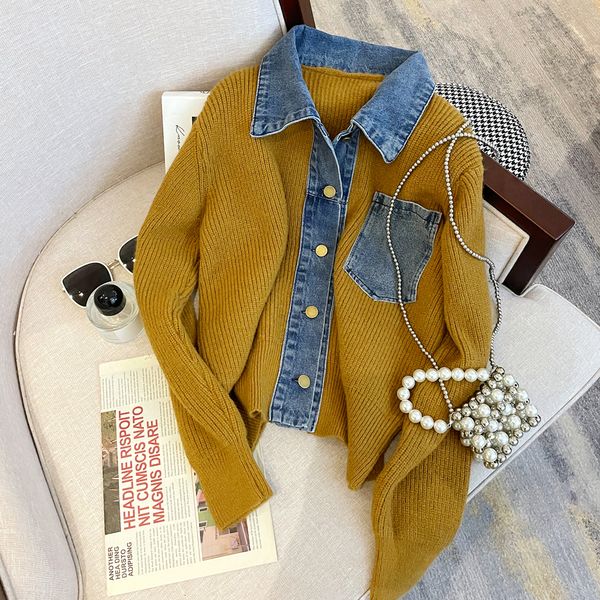 women's sweaters denim patchwork sweater jacket cashmere knit cardigans autumn winter turn down collar knitwear soft femme vintage h230, White;black
women's sweaters denim patchwork sweater jacket cashmere knit cardigans autumn winter turn down collar knitwear soft femme vintage h230, White;black