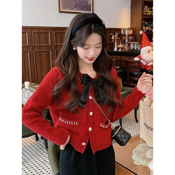autumn and winter french sweater retro wine red bow v neck coat women loose short top, White;black
autumn and winter french sweater retro wine red bow v neck coat women loose short top, White;black