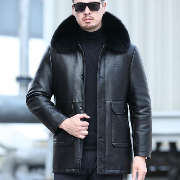 men's leather faux jacket natural cotton sheepskin casual clothes removable liner fur collar midlength winter 230831, Black
men's leather faux jacket natural cotton sheepskin casual clothes removable liner fur collar midlength winter 230831, Black