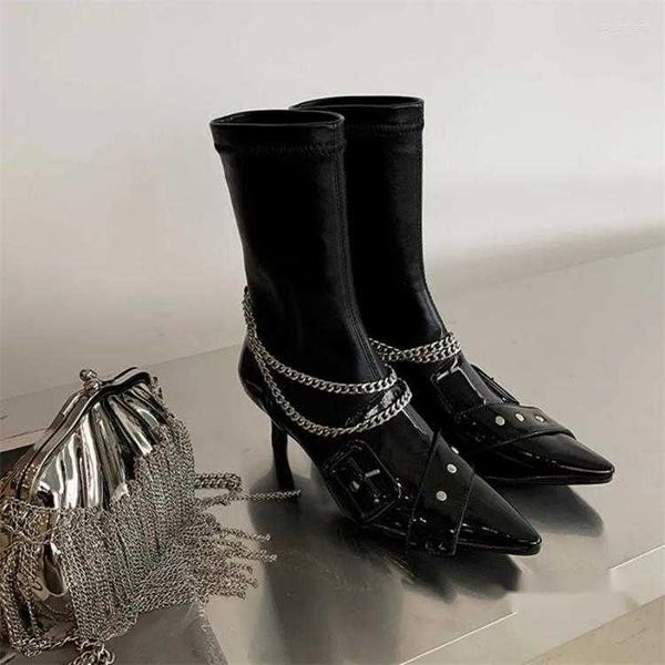 dress shoes metal chain belt buckle pumps women's pointed toe stiletto elastic ankle boots ladies temperament beaded mid-calf slip-on, Black
dress shoes metal chain belt buckle pumps women's pointed toe stiletto elastic ankle boots ladies temperament beaded mid-calf slip-on, Black