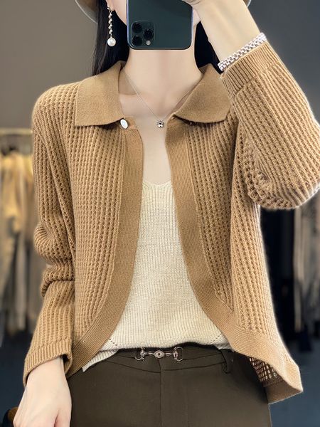 women's sweater 100 merino wool cardigan autumn polo collar hollow out cashmere knitted coat korean fashion female clothes 230831, White;black
women's sweater 100 merino wool cardigan autumn polo collar hollow out cashmere knitted coat korean fashion female clothes 230831, White;black