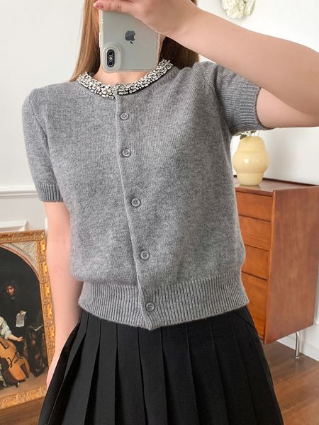 women's sweater gray or black decoration round neck short sleeve single breasted ladies slim knit cardigan 230831, White;black
women's sweater gray or black decoration round neck short sleeve single breasted ladies slim knit cardigan 230831, White;black