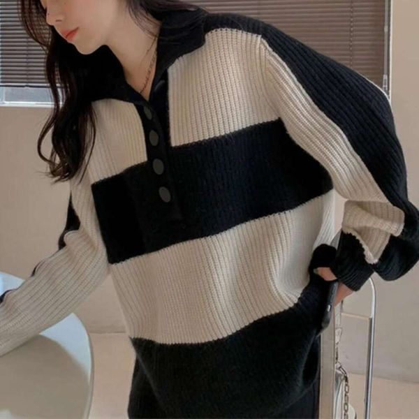 autumn and winter high sweaters end loose outer wear lazy style design niche polo collar striped sweater women, White;black
autumn and winter high sweaters end loose outer wear lazy style design niche polo collar striped sweater women, White;black
