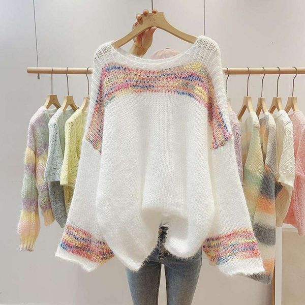 autumn loose sweater lazy mohair flanged collar rainbow stripe soft glutinous womens wear, White;black
autumn loose sweater lazy mohair flanged collar rainbow stripe soft glutinous womens wear, White;black