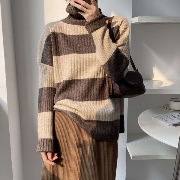 high neck sweater for women thick style autumn and winter korean womens striped loose retro, White;black
high neck sweater for women thick style autumn and winter korean womens striped loose retro, White;black