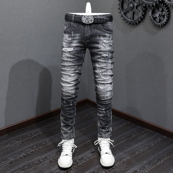 men's jeans street fashion men jeans retro black gray elastic slim ripped jeans men vintage trousers patched painted designer hip hop p, Blue
men's jeans street fashion men jeans retro black gray elastic slim ripped jeans men vintage trousers patched painted designer hip hop p, Blue