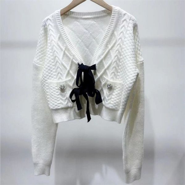 women's sweaters spring arrive bow knitted women cardigan sweater vneck long sleeve solid color single breasted 230831, White;black
women's sweaters spring arrive bow knitted women cardigan sweater vneck long sleeve solid color single breasted 230831, White;black
