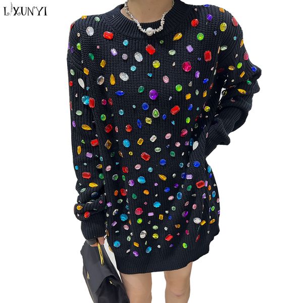 

women's sweater pullovers sweaters with colroful diamond beading long sleeve loose round neck knitted dresses autumn winter runway 2308, White;black