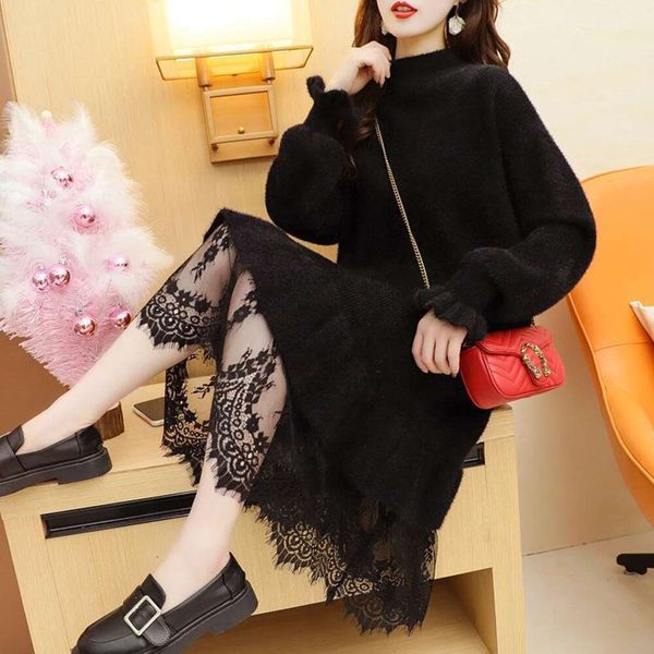 autumn and winter half high collar sweater dress for women loose lazy mid length knee lace stitching base shirt, White;black
autumn and winter half high collar sweater dress for women loose lazy mid length knee lace stitching base shirt, White;black