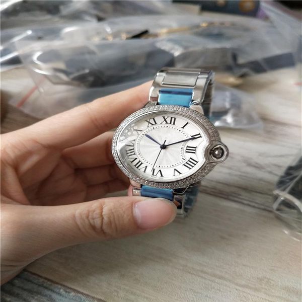 new fashion men ladies watch quartz movement diamonds bezel wristwatches for women stainless steel band white face ca12299q, Slivery;brown