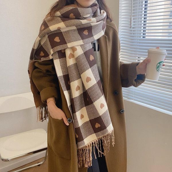 scarves women heart check cashmere scarf luxury brand winter thick warm scarf long fringed shawl fashionable pashmina blanket 230831, Blue;gray