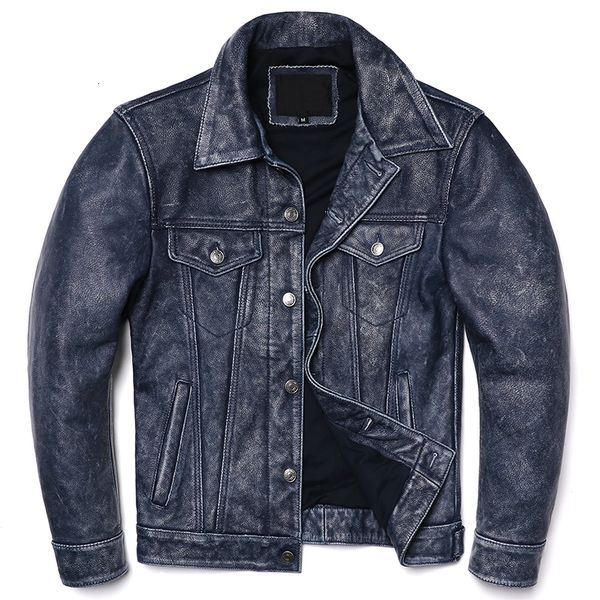 men's leather faux vintage blue cowboy genuine jacket natural cowhide slim short coat casual style single breasted retro clothes 230831, Black
men's leather faux vintage blue cowboy genuine jacket natural cowhide slim short coat casual style single breasted retro clothes 230831, Black