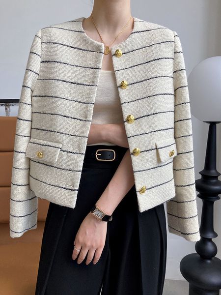 women's wool blends women's striped flap detailed gold button white tweed short jacket 230830, Black 
women's wool blends women's striped flap detailed gold button white tweed short jacket 230830, Black