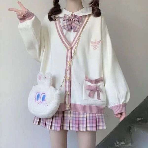 women's sweaters knitted cardigan sweet girl sweater lazy academy style loose sleeve harajuku jk uniform kawaii bow decoration coat 230, White;black 
women's sweaters knitted cardigan sweet girl sweater lazy academy style loose sleeve harajuku jk uniform kawaii bow decoration coat 230, White;black