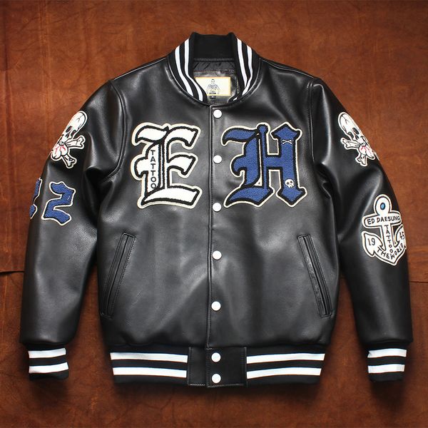 men's leather faux genuine coat for sheepskin and cotton thickened large casual heavy industry multi label embroidered baseball 230831, Black
men's leather faux genuine coat for sheepskin and cotton thickened large casual heavy industry multi label embroidered baseball 230831, Black