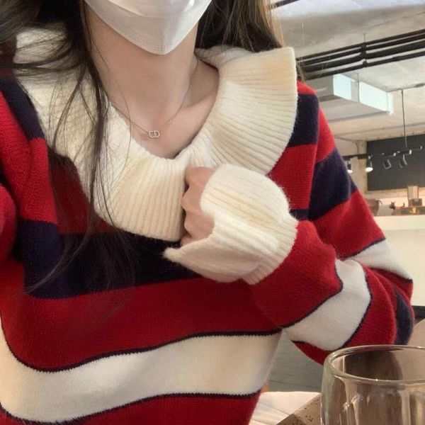 sweet japanese autumn sweaters and winter lace collar good girl blue white red stitching striped sweater for, White;black
sweet japanese autumn sweaters and winter lace collar good girl blue white red stitching striped sweater for, White;black
