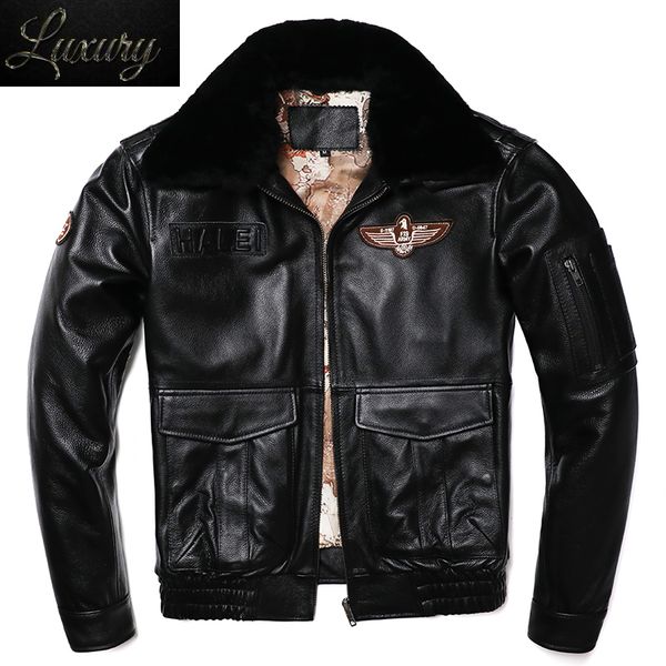 men's leather faux wool collar air force flight g1 natural genuine jacket warm winter real cowhide clothing man calf skin loose coats 2, Black
men's leather faux wool collar air force flight g1 natural genuine jacket warm winter real cowhide clothing man calf skin loose coats 2, Black