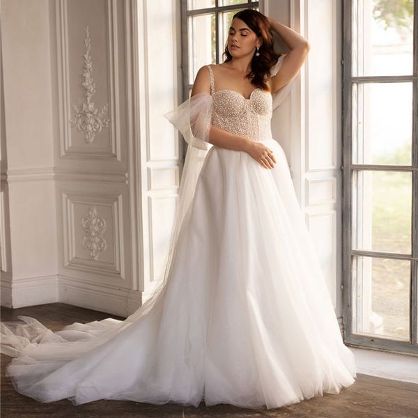 plus size glitter a line wedding dresses spaghetti strap sweetheart bridal gown cape strap tulle garden robe de mariage for bride, White
plus size glitter a line wedding dresses spaghetti strap sweetheart bridal gown cape strap tulle garden robe de mariage for bride, White