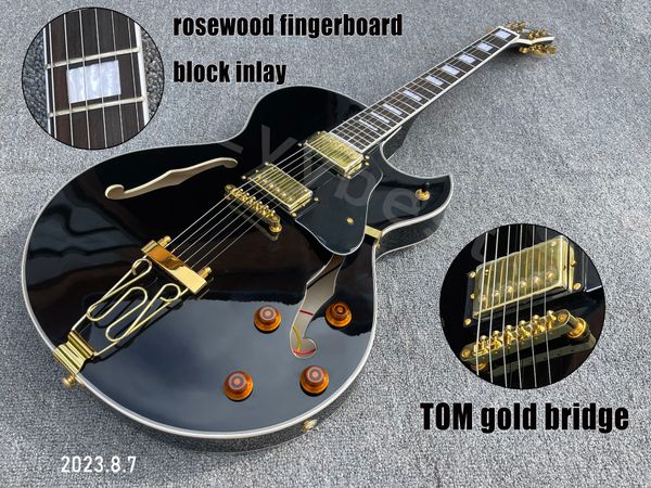 hollow body jazz electric guitar solid black hh gold cover pickups bridge direclty install on body long tail gold parts rosewood fingerboard
hollow body jazz electric guitar solid black hh gold cover pickups bridge direclty install on body long tail gold parts rosewood fingerboard