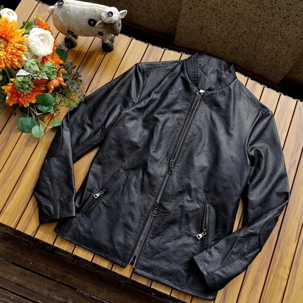 men's leather faux this very soft beautiful j double collar bison grain thin little tire cowhide 230831, Black