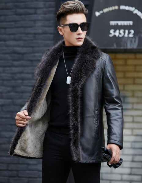 men's leather faux winter raccoon dog fur collar turndown men long style sheep leather male solid color outerwear coat thick warm parka, Black
men's leather faux winter raccoon dog fur collar turndown men long style sheep leather male solid color outerwear coat thick warm parka, Black