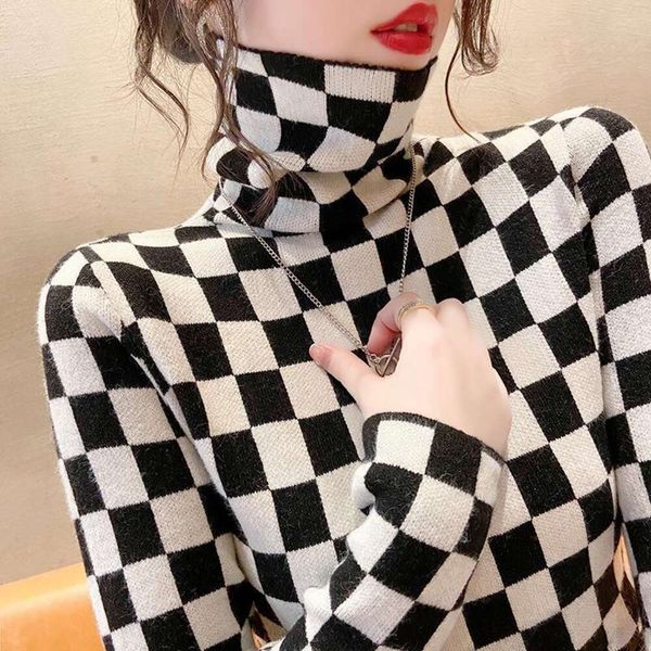 high necked sweater bottom shirt for women autumn and winter style thickened figure fitting checkerboard with, White;black
high necked sweater bottom shirt for women autumn and winter style thickened figure fitting checkerboard with, White;black