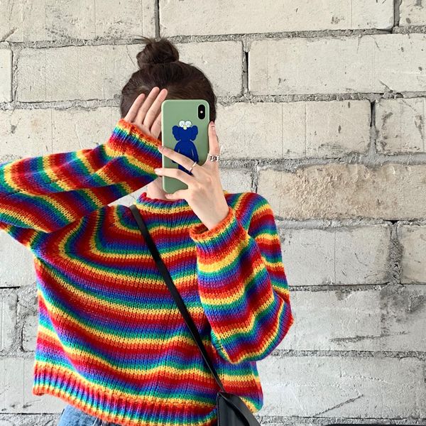 women's sweater's sweaters japanese kawaii ulzzang rainbow loose lazy wind long sleeve sweater female korean harajuku clothing for, White;black 
women's sweater's sweaters japanese kawaii ulzzang rainbow loose lazy wind long sleeve sweater female korean harajuku clothing for, White;black