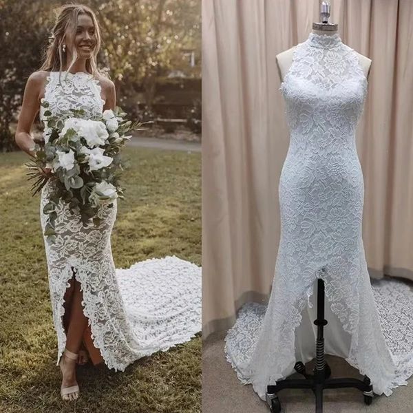 vintage halter full lace appliques mermaid wedding dresses split chapel train plus size backless bridal party gowns, White
vintage halter full lace appliques mermaid wedding dresses split chapel train plus size backless bridal party gowns, White