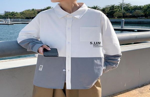 long sleeve patchwork shirts for mens 2021 korean fashion dress clothing teens loose fit harajuku streetwear button up blouses men8757388, White;black
long sleeve patchwork shirts for mens 2021 korean fashion dress clothing teens loose fit harajuku streetwear button up blouses men8757388, White;black