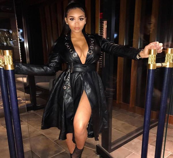 button up collar pu coats women deep v full sleeve long jackets autumn winter fashion skirt style coats with sashes d5901 t201910496, Black;brown
button up collar pu coats women deep v full sleeve long jackets autumn winter fashion skirt style coats with sashes d5901 t201910496, Black;brown