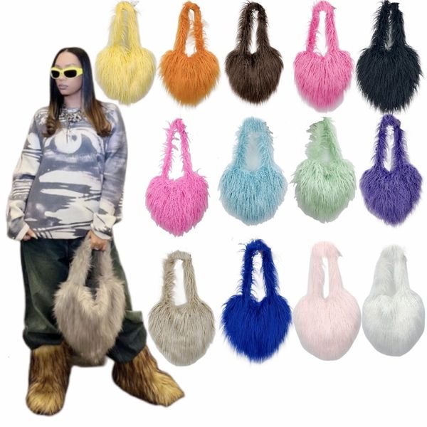 evening bag s fluffy plush shoulder bag faux fur high capacity trend female shopping winter warm heart shaped handbag and purse 230831
