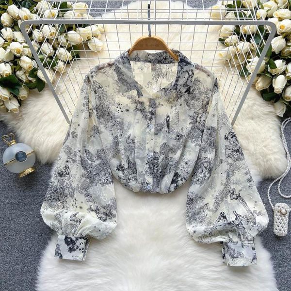 women's blouses early spring and autumn vintage chic ink wash shirt chiffon design elegant lantern sleeve cardigan top, White
women's blouses early spring and autumn vintage chic ink wash shirt chiffon design elegant lantern sleeve cardigan top, White