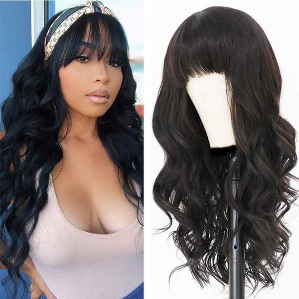 

fashion wig women's long curly hair black qi liu hai big wave chemical fiber wig head cover wigs 230301