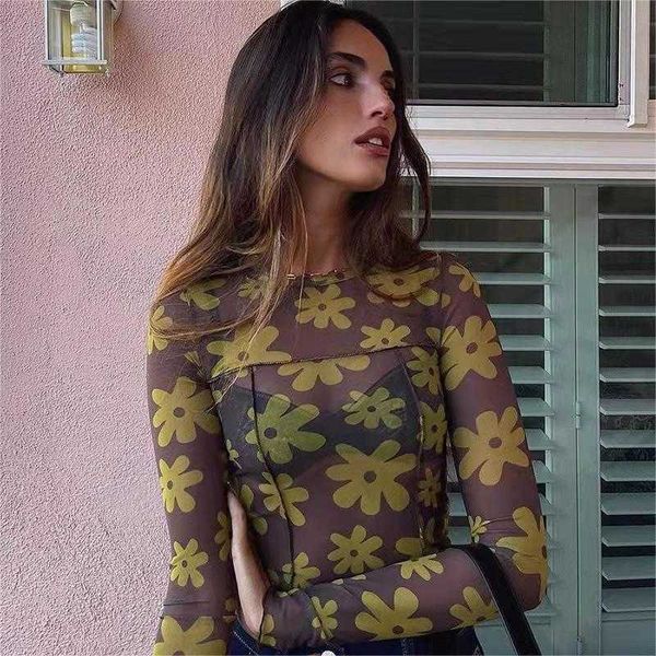 european and american designers t shirt fall french romantic flower print mesh round neck slim fit panel long sleeve umbilical top, White
european and american designers t shirt fall french romantic flower print mesh round neck slim fit panel long sleeve umbilical top, White