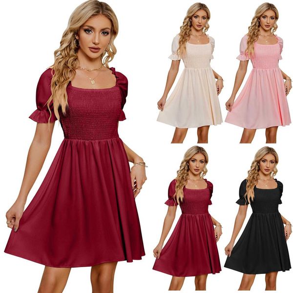 summer square collar short casual dresses skirt womens pleated dress, Black;gray