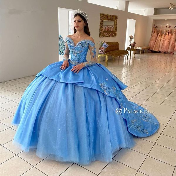 sky blue long sleeve crystal princess quinceanera dresses off shoulder tiered appliques beaded lace-up corset vestido de 15 anos, Blue;red
sky blue long sleeve crystal princess quinceanera dresses off shoulder tiered appliques beaded lace-up corset vestido de 15 anos, Blue;red