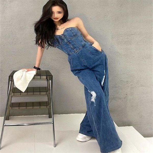 women's jeans high waist tube denim jumpsuit female summer hole rompers wide leg long pants 230301, Blue
women's jeans high waist tube denim jumpsuit female summer hole rompers wide leg long pants 230301, Blue