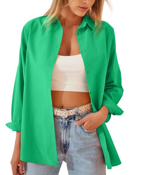 women dressy button down shirts candy color casual long sleeve cotton loose fit collared work blouses, White
women dressy button down shirts candy color casual long sleeve cotton loose fit collared work blouses, White