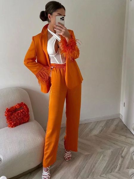 women's two piece pants woman clothing fashion silk satin blazer single breasted vintage orange coat feather sleeves outerwear stylish, White
women's two piece pants woman clothing fashion silk satin blazer single breasted vintage orange coat feather sleeves outerwear stylish, White