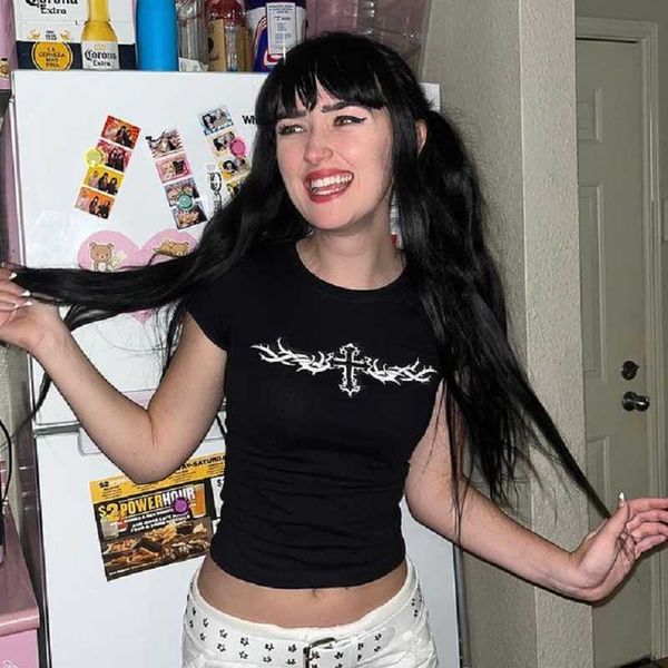 women's t-shirt emo girls tshirt gothic graphic cross print casual grunge crop y2k clothes 90s streetwear vintage punk slim baby tee z0, White
women's t-shirt emo girls tshirt gothic graphic cross print casual grunge crop y2k clothes 90s streetwear vintage punk slim baby tee z0, White