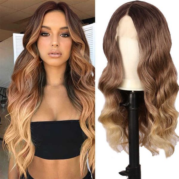 xuchang wig female front lace gradient long curly hair big wave chemical fiber wig full head set wigs 230301, Black