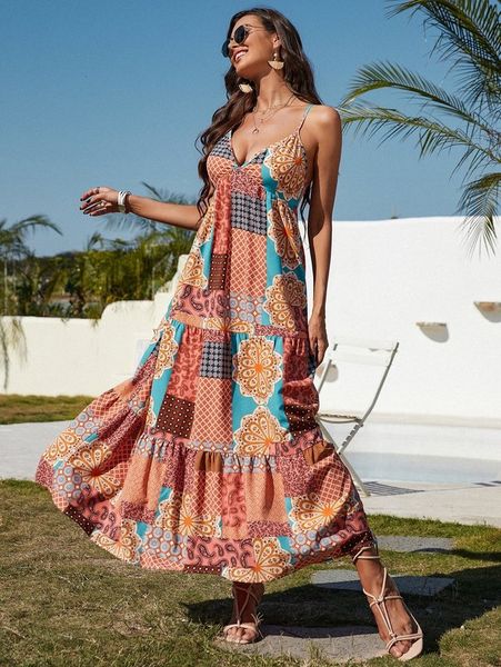 random patchwork print tie back ruffle hem cami dress she, Black;gray