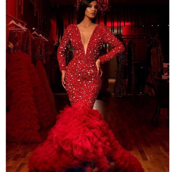 red crystals luxury mermaid prom dresses deep v neck evening formal party second reception gowns dress, Black
red crystals luxury mermaid prom dresses deep v neck evening formal party second reception gowns dress, Black