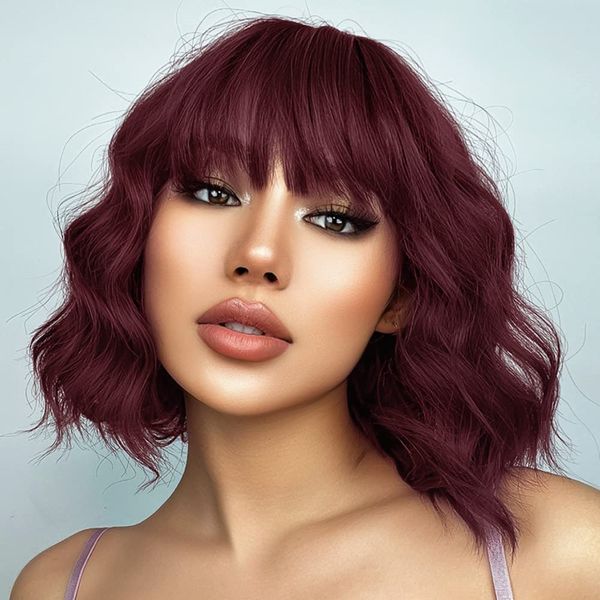 red short curly bob wig with bangs burgundy wine red brazilian wave bob wigs natural looking machine made none lace for women 150%, Black;brown
red short curly bob wig with bangs burgundy wine red brazilian wave bob wigs natural looking machine made none lace for women 150%, Black;brown